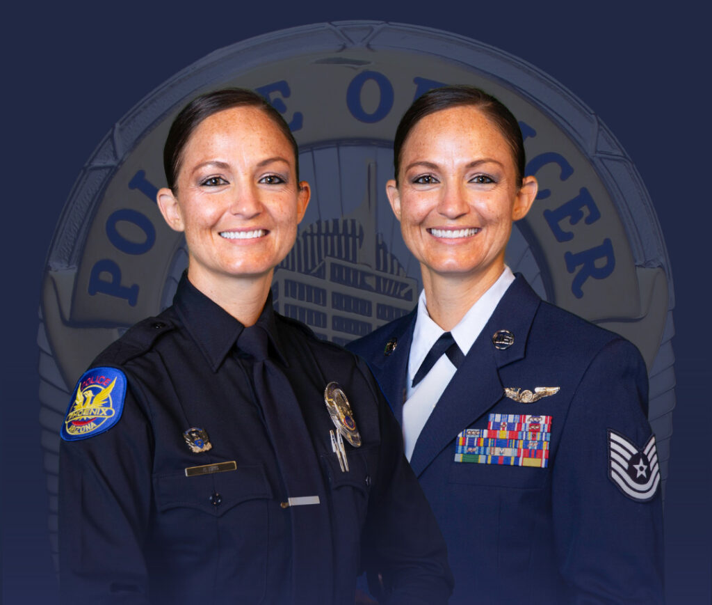 Two images of the same women in a police uniform and a military uniform standing in front of a blue background.