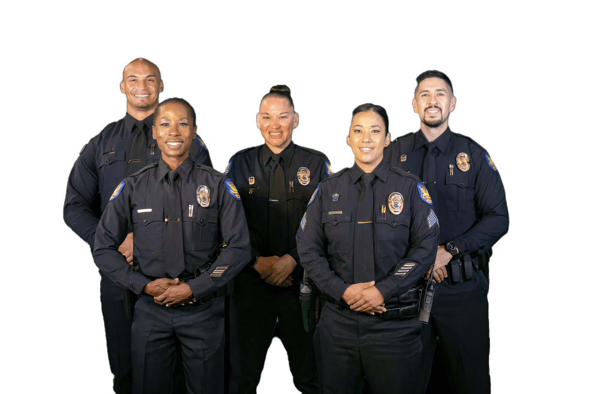 A group of smiling PHX PD police officers posing for a photo, captured in a moment of camaraderie.